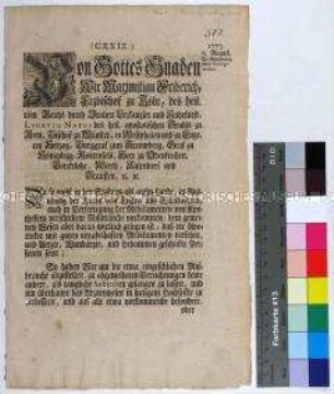 Edikt des Maximilian Friedrich Erzbischof zu Köln betreffend Einrichtung eines Collegium Medicum zur Prüfung und Zulassung von Apothekern, Ärzten, Wundärzten und Hebammen