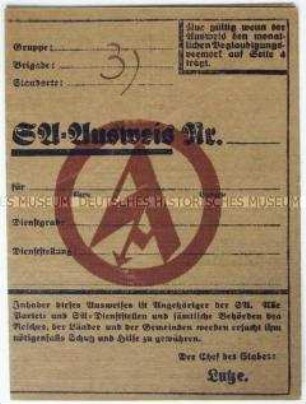 Vordruck eines Mitgliedsausweises der SA (blanko)