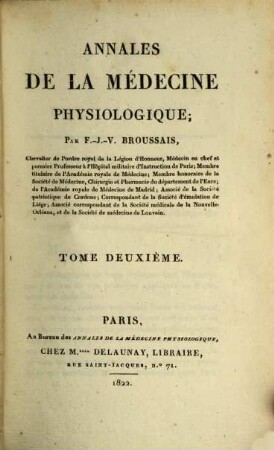 Annales de la médecine physiologique, 2. 1822