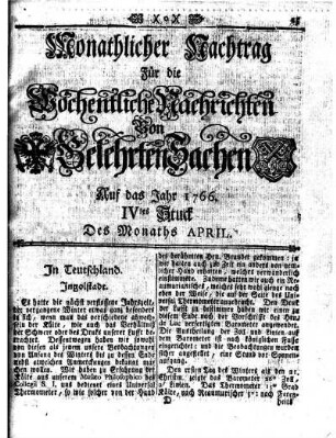 Monathlicher Nachtrag [...] Auf das Jahr 1766 IVtes Stuck Des Monaths April