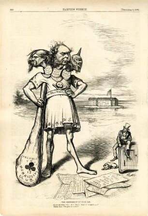 "The indifference" of Uncle Sam. Giant Bluster. "Fe! Fi!! Fo!!! Fum!!!! I smell-" Uncle Sam. "Oh, give us a rest!" : ein dreiköpfiger Riese mit einer Keule versucht Uncle Sam zu beeindrucken
