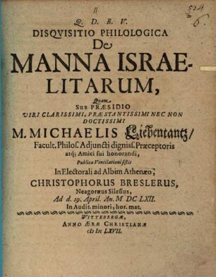 Disqvisitio Philologica De Manna Israelitarum