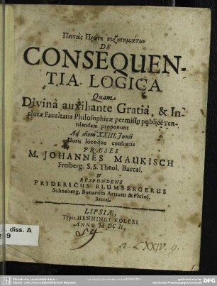 Pentas Prōtē Syzētēmatōn : Quam ... publice ventilandam proponunt Ad diem XXIII. Junii