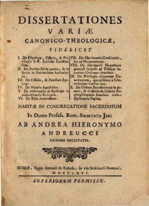 Dissertationes variae canonico-theologicae