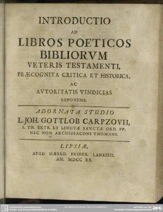 Introductio Ad Libros Poeticos Bibliorum Veteris Testamenti