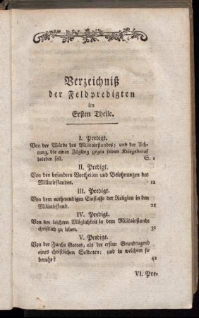 Verzeichniß der Feldpredigten im Ersten Theile. - Verzeichniß. Zweyter Theil.