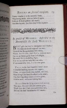 In praise of Memory. Inscrib'd to the Honourable the Lady Worsely
