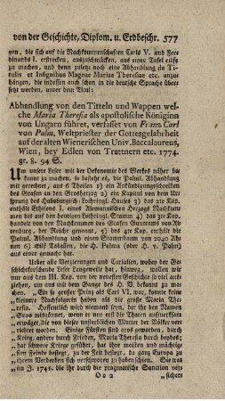 Abhandlung von den Titteln und Wappen, welche Maria Theresia als apostolische Königinn von Ungarn führet.