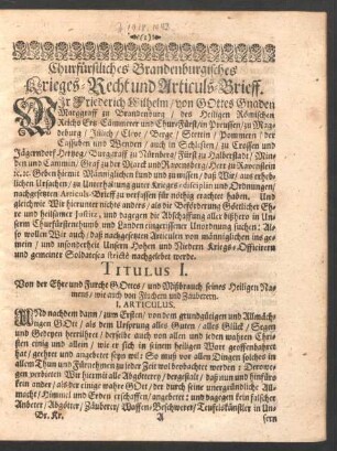 Churfürstliches Brandenburgisches Krieges-Recht und Articuls-Brieff.