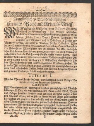 Churfürstliches Brandenburgisches Krieges-Recht und Articuls-Brieff.