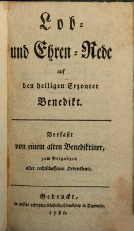 Lob- und Ehren-Rede auf den heiligen Erzvater Benedikt