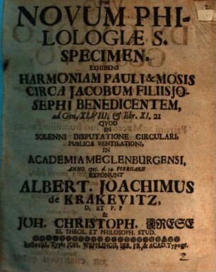 Novum philologiae s. specimen, exhibens harmoniam Pauli et Mosis circa Jacobum, filiis Josephi benedicentem