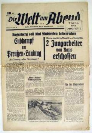 Kommunistische Berliner Abendzeitung "Die Welt am Abend" zur Landtagswahl in Preußen