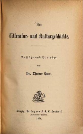 Zur Litteratur- und Kulturgeschichte : Aufsätze und Vorträge
