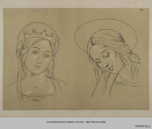 Kopf der Heiligen Katharina (nach einem Gemälde von Giovanni di Pietro in Spoleto) und Kopf einer Madonna (nach einem Fresko von Pintoricchio in Rom)