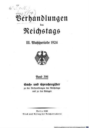 Verhandlungen des Reichstages. Stenographische Berichte. 396. 1924