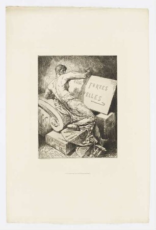 Titeldruck mit Mann auf Steinmonument, Titelblatt der Folge "Eaux Fortes - Nouvelles"