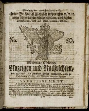 No. 50. Montags, den 14ten December 1767.