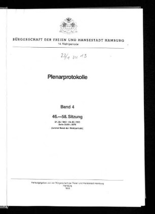 Wahlper. 14.1991/93, Bd. 4: Plenarprotokoll // Bürgerschaft der Freien und Hansestadt Hamburg