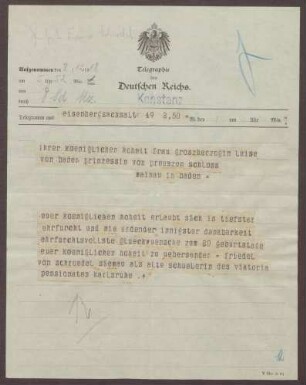 Telegramm von Friedel von Schroedel-Siemau, ehemalige Leiterin des Viktoria-Pensionats, an die Großherzogin Luise; Glückwünsche zum Geburtstag