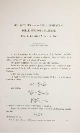 Sui limiti per ... delle derivate ... delle funzioni analitiche.