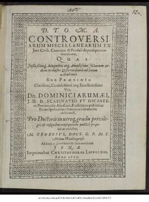 Controversiarum Miscellanearum Ex Iure Civili, Canonico & Feudali depromptarum decades tres