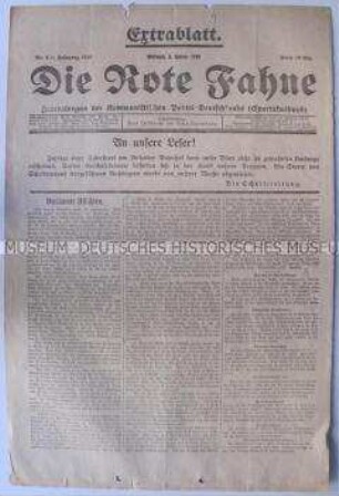 Extrablatt der Kommunistischen Tageszeitung "Die Rote Fahne" u.a. zu den Kämpfen um das Redaktionsgebäude der Zeitung