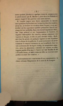 Rapport de M. Quetelet sur une note de M. Lenglet intitulée: Cosmologie
