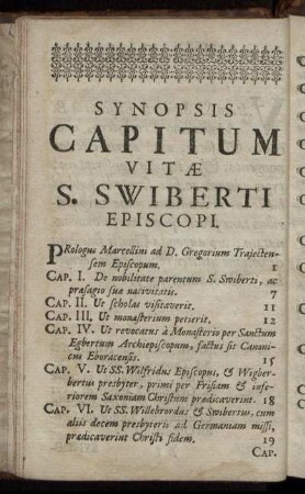 Synopsis Capitum Vitæ S. Swiberti Episcopi.