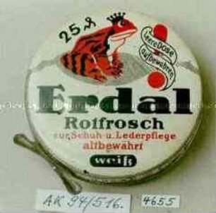 Blechdose mit Deckelheber für Schuhcreme "Erdal Rotfrosch zur Schuh- und Lederpflege altbewährt weiß"