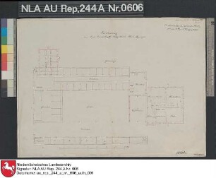 Grundriß vom Platzgebäude der Domäne Kloster Uppingen bei UTTUM Kolorierte Zeichnung von Schwägermann Papier Format 48,2x35,2 M 1:161