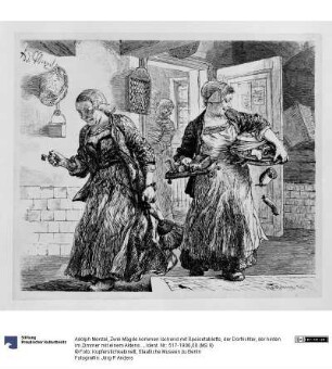 Zwei Mägde kommen lachend mit Speisetabletts, der Dorfrichter, der hinten im Zimmer mit einem Aktenstapel hantiert, schimpft ihnen nach, zu Heinrich von Kleist "Der Zerbrochene Krug"