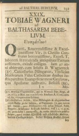 XXIX. Tobiae Wagneri ad Balthasarem Bebelium