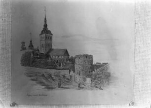 Nikolaikirche im Stadtbild mit Befestigung von Südwesten