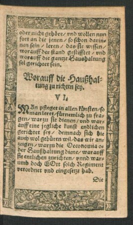 Worauff die Haußhaltung zu richten sey. VI.