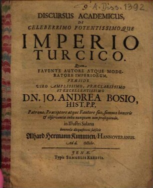 Discursus Academicus De Celeberrimo Potentissimoque Imperio Turcico
