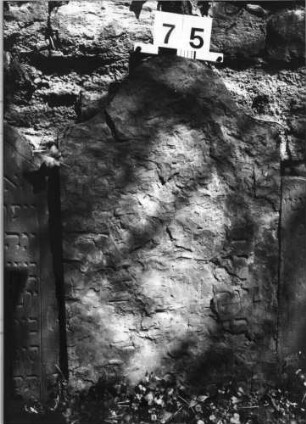 Grabstein 75 (Index: 99629576) Material: Sandstein Zustand: völlig abgeblättert Maße HxBxT: 93x45x9 cm Beschreibung: Stelelmit Konvexbogenabschluß: Grabstein 75