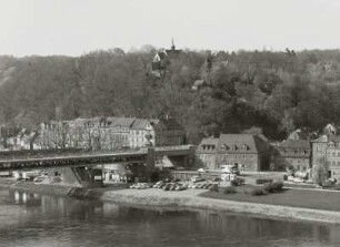Meißen, Blick vom Ratsweinberg nach Südsüdwesten über die Elbe mit Eisenbahnbrücke auf das linke Elbufer mit Martinskapelle