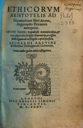 Ethicorvm Aristotelis Ad Nicomachum libri decem