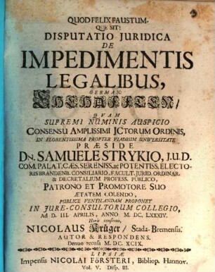 Disputatio Juridica De Impedimentis Legalibus, German: Ehehafften