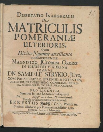 Disputatio Inauguralis De Matriculis Pomeraniae Ulterioris