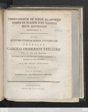 Specimen 1: Observationvm De Poenis Illarvmqve Finibvs Ex Placitis Ivris Natvrae Recte Aestimandis