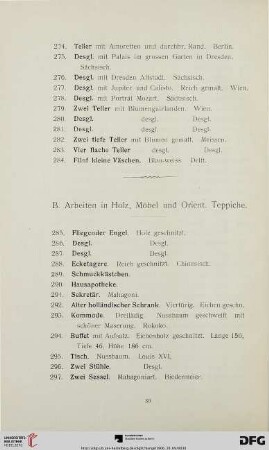 B. Arbeiten in Holz, Möbel und Orient. Teppiche (Nr. 285-373)