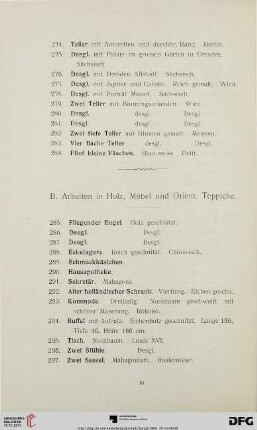 B. Arbeiten in Holz, Möbel und Orient. Teppiche (Nr. 285-373)