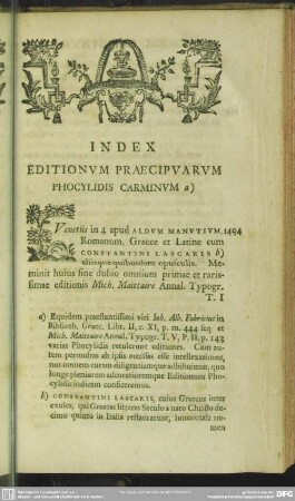 Index Editionum Praecipuarum Phocylidis Carminum