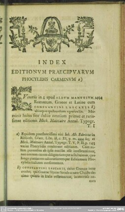Index Editionum Praecipuarum Phocylidis Carminum