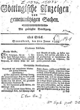 1stes Stück. Sonnabend, den 8ten Januar 1774.