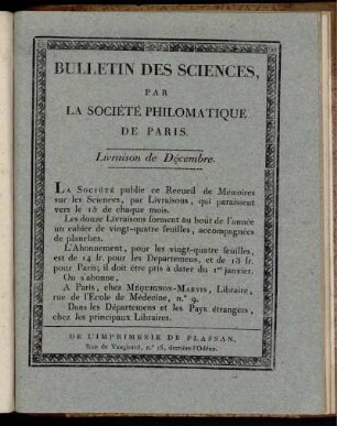 Bulletin Des Sciences, Par La Société Philomatique De Paris. Livraison de Décembre.