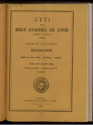 Seduta del 2 Dicembre 1894. Volume III. - Fascicolo 11.