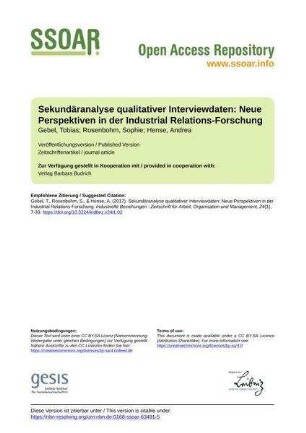 Sekundäranalyse qualitativer Interviewdaten: Neue Perspektiven in der Industrial Relations-Forschung